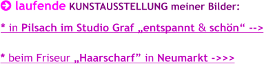  laufende KUNSTAUSSTELLUNG meiner Bilder:       * in Pilsach im Studio Graf „entspannt & schön“ -->    * beim Friseur „Haarscharf” in Neumarkt ->>>